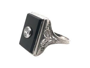 18K White Gold Art Deco Onyx & Diamond Cocktail Ring