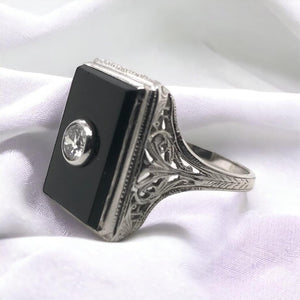 18K White Gold Art Deco Onyx & Diamond Cocktail Ring