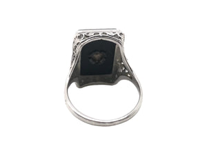 18K White Gold Art Deco Onyx & Diamond Cocktail Ring