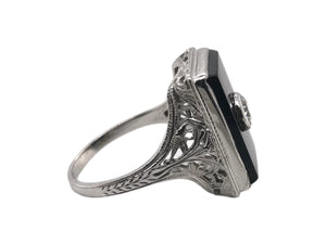 18K White Gold Art Deco Onyx & Diamond Cocktail Ring