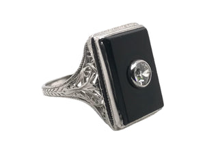 18K White Gold Art Deco Onyx & Diamond Cocktail Ring