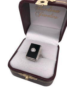 18K White Gold Art Deco Onyx & Diamond Cocktail Ring