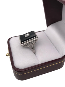 18K White Gold Art Deco Onyx & Diamond Cocktail Ring