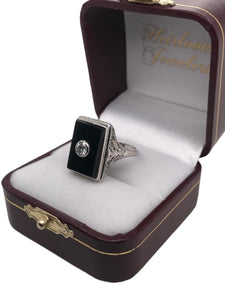 18K White Gold Art Deco Onyx & Diamond Cocktail Ring