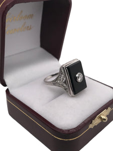 18K White Gold Art Deco Onyx & Diamond Cocktail Ring