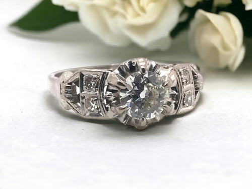 Retro Era 0.7 Carat 18K White Gold Old Mine Cut Engagement Ring