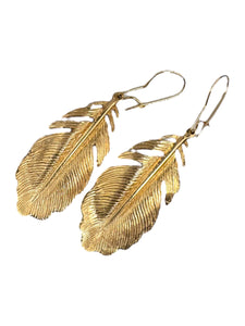 Contemporary Estate Feather Dangle Earrings 14K Yellow Gold