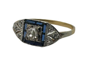Dainty Sapphire & Diamond Art Deco Era Ring 18K Yellow & White Gold