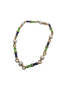 Vintage 18K Yellow Gold Enamel & Pearl Bracelet