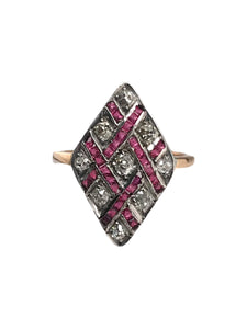Art Deco Old Mine Cut & Ruby Cocktail Ring 18K Gold