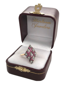 Art Deco Old Mine Cut & Ruby Cocktail Ring 18K Gold