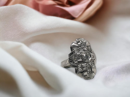 Art Deco Diamond Filigree Cocktail Ring 18K White Gold