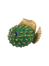 18K Gold Enamel Puffer Fish Brooch