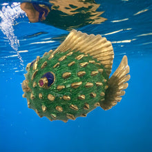 18K Gold Enamel Puffer Fish Brooch