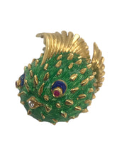 18K Gold Enamel Puffer Fish Brooch