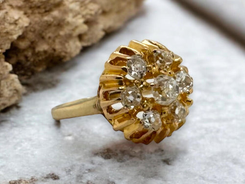 Yellow Gold Old Mine Cut Diamond Cluster Ring 1 Carat