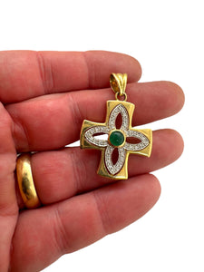 18K Gold Emerald & Diamond Cross Pendant