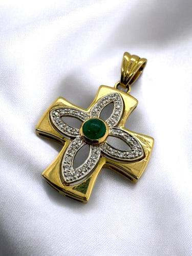 18K Gold Emerald & Diamond Cross Pendant