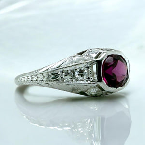 Platinum Art Deco Rhodolite Garnet & Diamond Solitaire Ring
