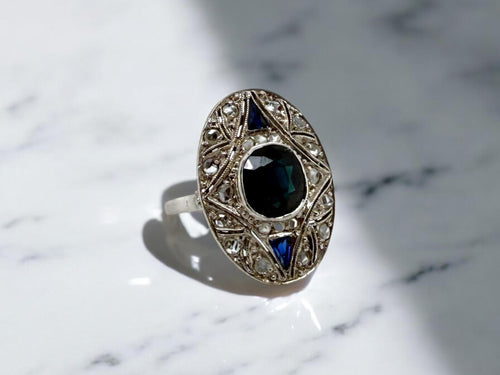 Vintage Art Deco Sapphire & Rose Cut Diamond Cocktail Ring