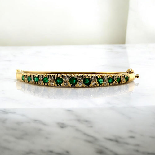 Vintage Emerald & Diamond Bangle Bracelet 14K Yellow Gold