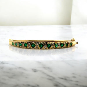 Vintage Emerald & Diamond Bangle Bracelet 14K Yellow Gold