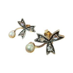 Vintage Georgian Era Clover Rose Cut Diamond & Pearl Earrings