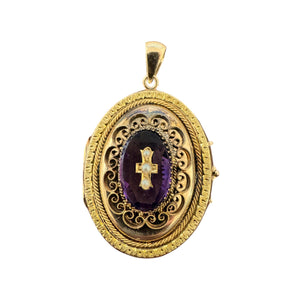 Vintage Victorian Era Large Locket Amethyst & Pearl Cross