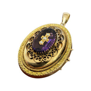 Vintage Victorian Era Large Locket Amethyst & Pearl Cross