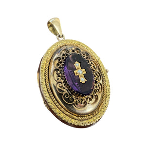 Vintage Victorian Era Large Locket Amethyst & Pearl Cross