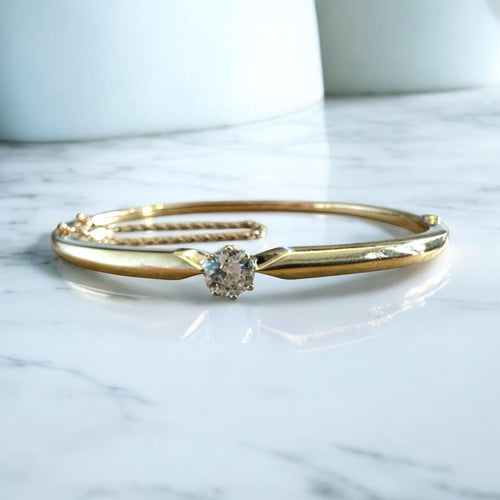 Vintage Old European Cut Diamond Yellow Gold Bangle Bracelet