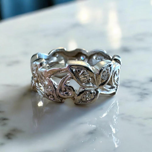 Vintage Platinum Diamond Floral Style Eternity Band Size 4.5