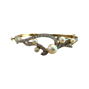 Vintage Diamond & Pearl Yellow Gold Bangle Bracelet