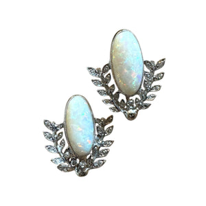 Vintage Platinum Opal & Diamond Stud Earrings