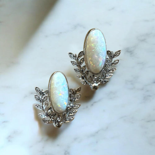 Vintage Platinum Opal & Diamond Stud Earrings