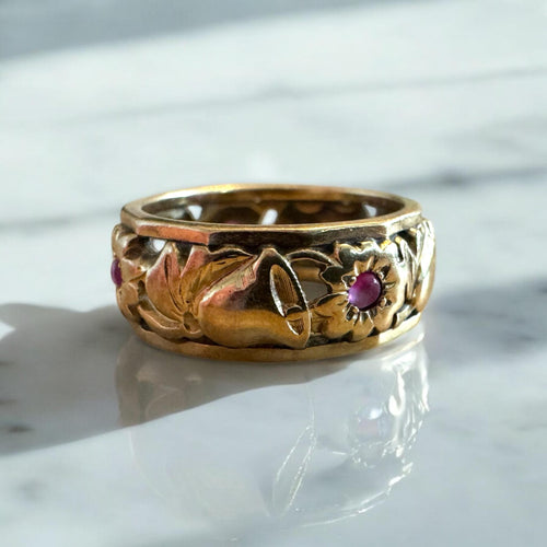 Vintage Rose Gold Ruby Eternity Band Bells & Flowers Size 5
