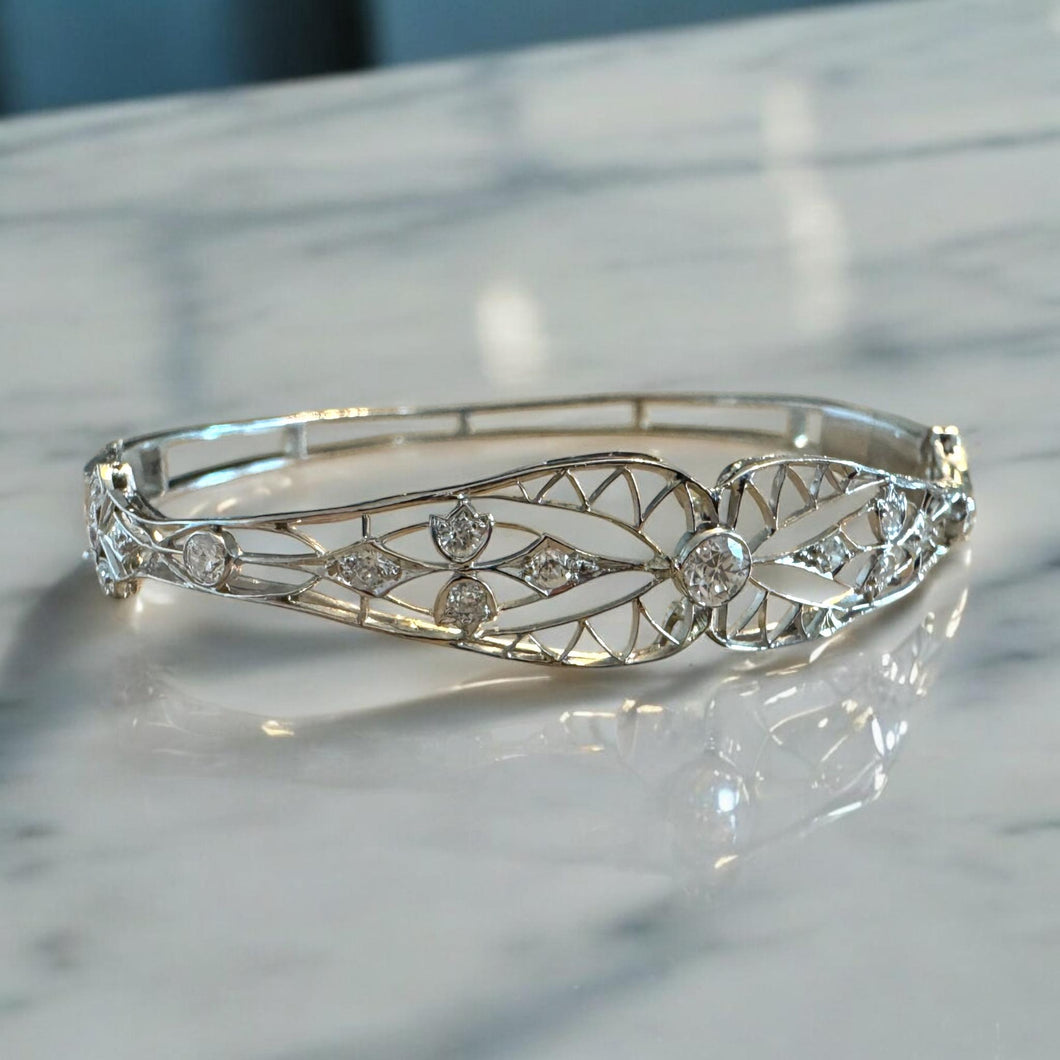 Vintage Elaborate Filigree Diamond Bangle Bracelet