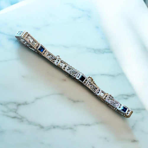 Vintage Dainty Art Deco Era Sapphire & Diamond Filigree Bracelet