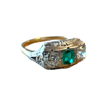 Vintage Two Toned Emerald & Diamond Three Stone Ring