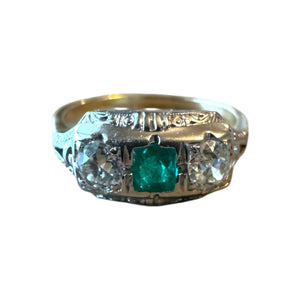 Vintage Two Toned Emerald & Diamond Three Stone Ring