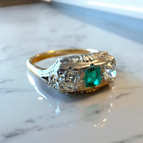 Vintage Two Toned Emerald & Diamond Three Stone Ring
