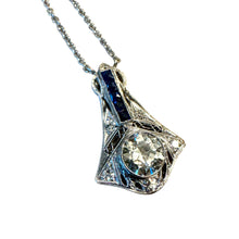 Vintage Old European Cut Diamond & Sapphire Drop Pendant Necklace