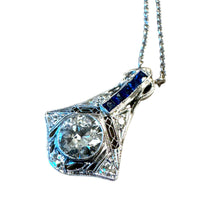 Vintage Old European Cut Diamond & Sapphire Drop Pendant Necklace