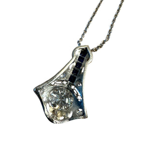 Vintage Old European Cut Diamond & Sapphire Drop Pendant Necklace