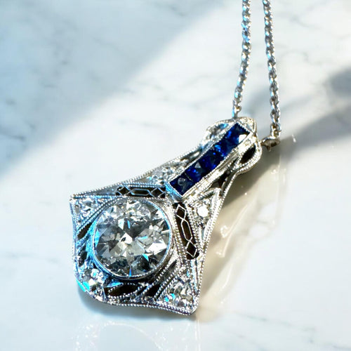 Vintage Old European Cut Diamond & Sapphire Drop Pendant Necklace