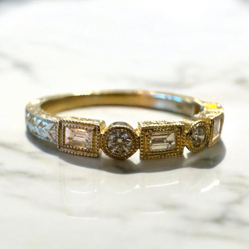 Antique Style Engraved Diamond Wedding Band 14K Yellow Gold