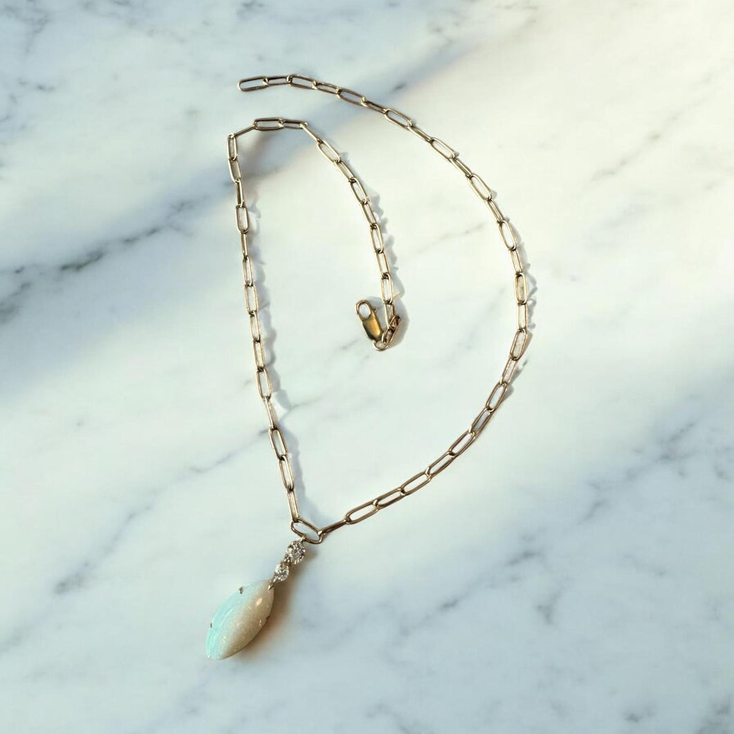 Yellow Gold Opal & Diamond Paperclip Chain Necklace
