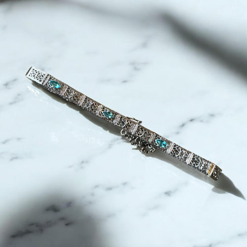 Vintage Art Deco Aquamarine Filigree Bracelet 10K White Gold