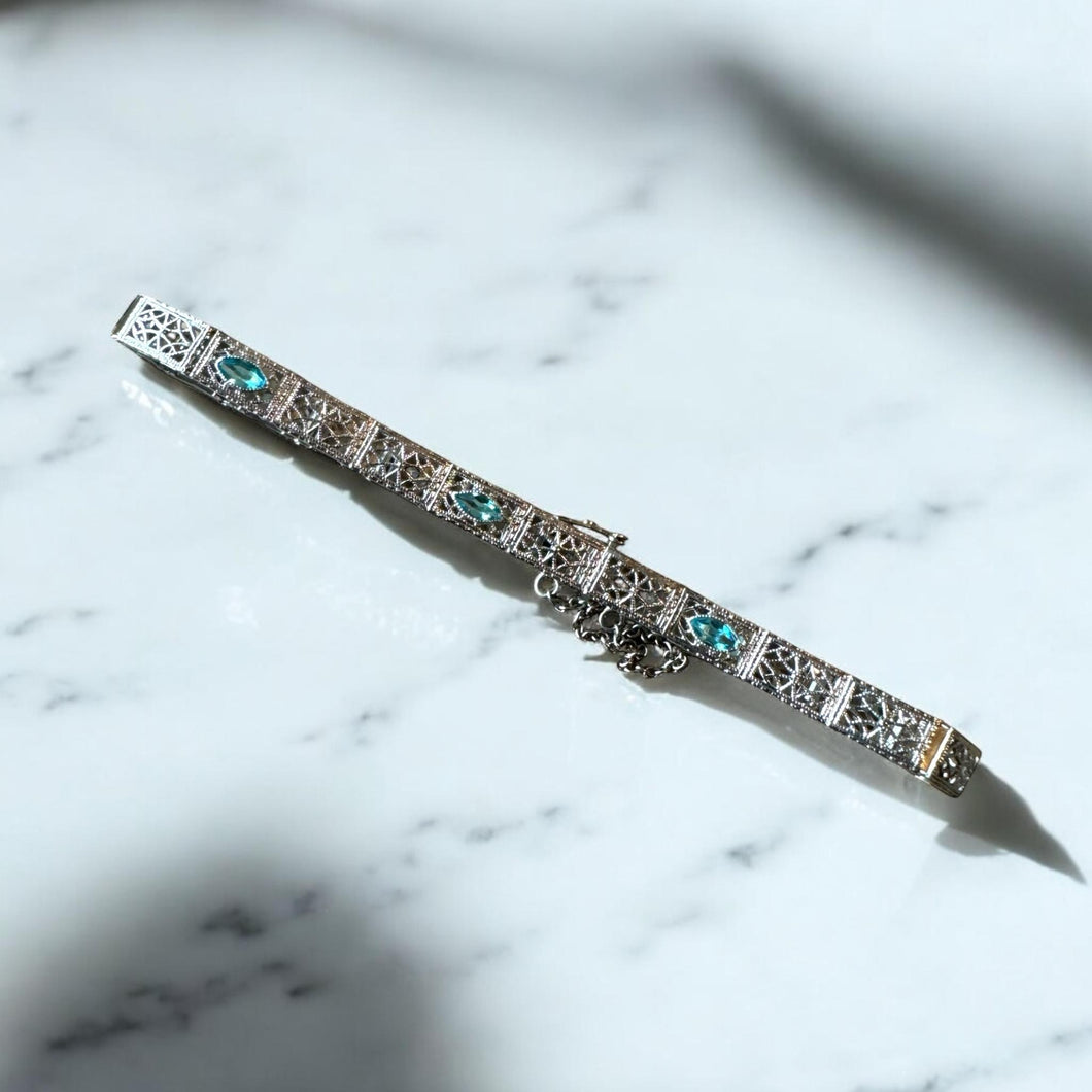Vintage Art Deco Aquamarine Filigree Bracelet 10K White Gold