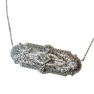 Vintage Filigree Brooch Conversion Necklace 14K White Gold
